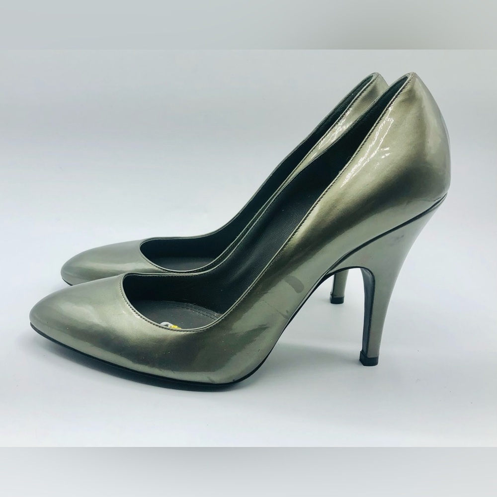 Ralph Lauren Collection Metallic Gray Grey Leather Pumps Italy 7.5B High Heel